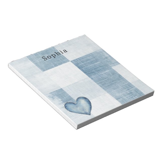 Blue White Denim Jean Heart Personalised Name Notepad (Angled)