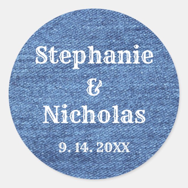 Blue White Denim Theme Wedding Classic Round Sticker (Front)