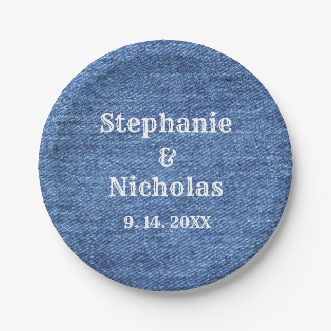 Blue White Denim Theme Wedding Paper Plate (Front)