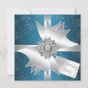 Blue White Diamond Bow Womans 60th Birthday Party Invitation