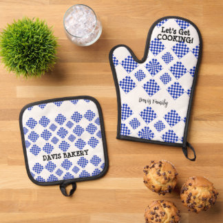 Blue White Diamond Check Oven Mitt & Pot Holder Set