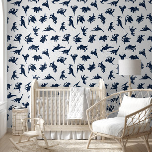 Blue White Dinosaur Baby Boy Nursery Removable Wallpaper