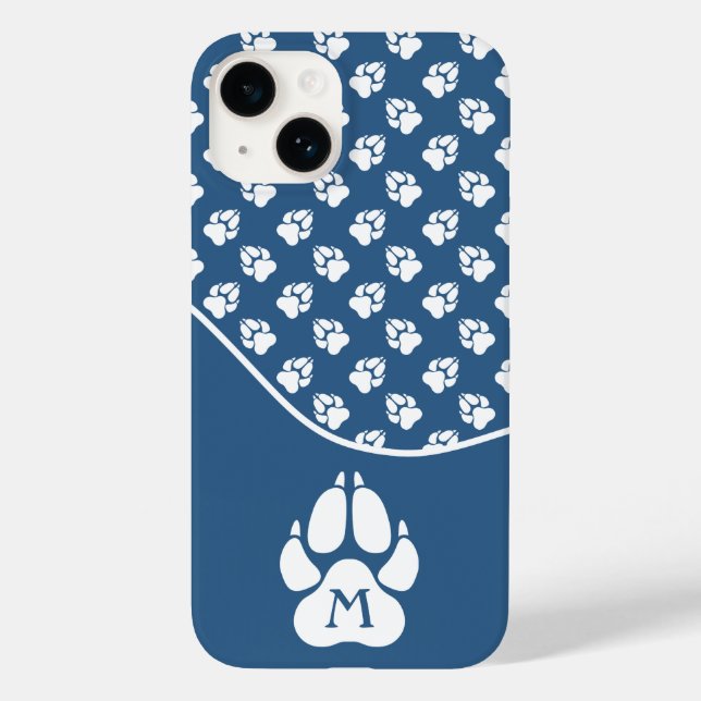 Blue & White Dog Paws With Custom Monogram Case-Mate iPhone Case (Back)