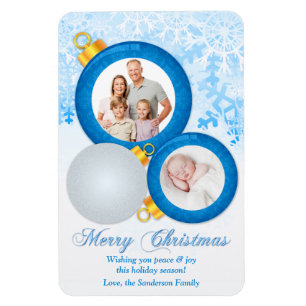 Blue White Double Photo Christmas Ornaments Magnet