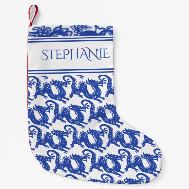 Blue White Dragon Pattern Delft Oriental Custom Small Christmas Stocking (Front)
