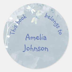 Blue White Dragonfly  Book Plate Classic Round Sticker