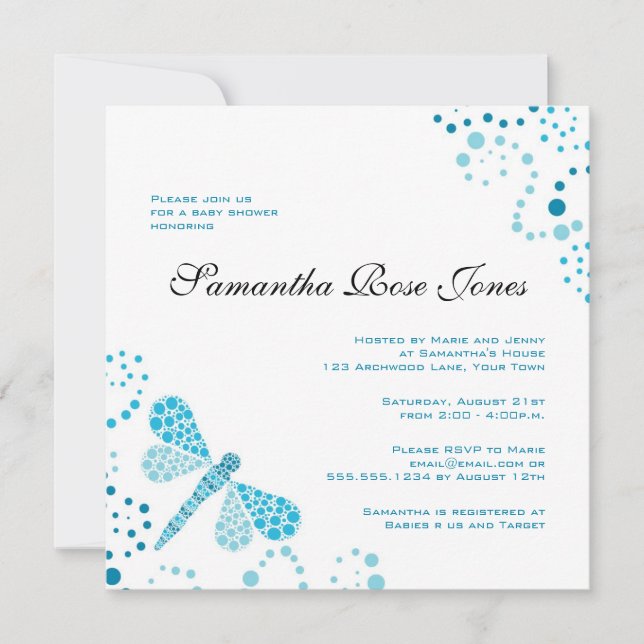 Blue & White Dragonfly Elegant Baby Shower Invitation (Front)