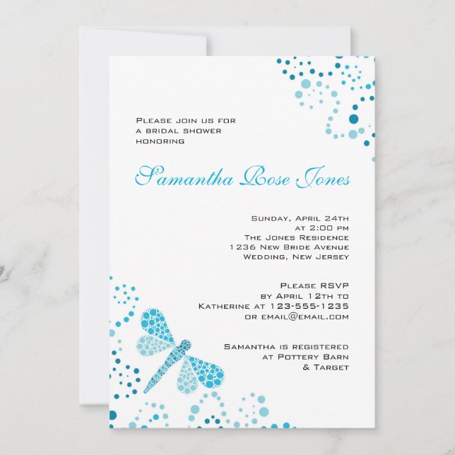 Blue & White Dragonfly Pointillism Bridal Shower Invitation (Front)