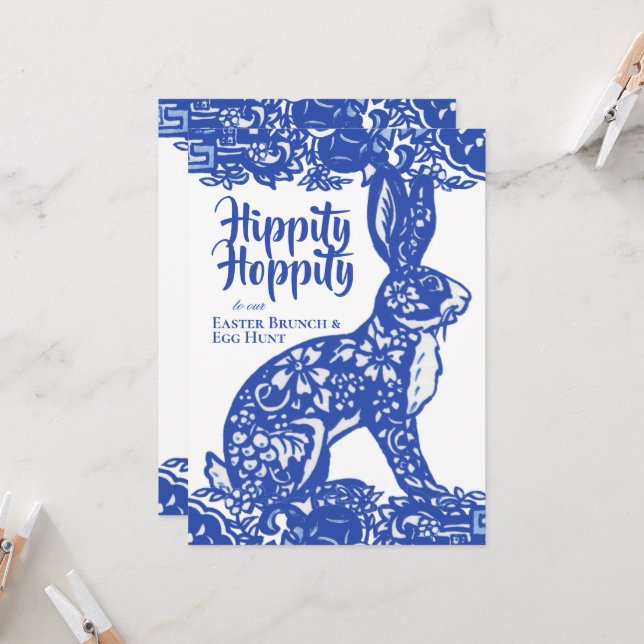 Blue & White Easter Bunny Brunch Egg Hunt  Invitation (Front/Back In Situ)
