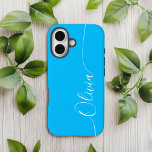 Blue White Elegant Calligraphy Script Name Case-Mate iPhone 14 Case<br><div class="desc">Blue White Elegant Calligraphy Script Custom Personalised Name iPhone 14 Smart Phone Cases features a modern and trendy simple and stylish design with your personalised name in elegant hand written calligraphy script typography on a blue background. Designed by ©Evco Studio www.zazzle.com/store/evcostudio</div>