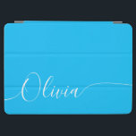 Blue White Elegant Calligraphy Script Name iPad Air Cover<br><div class="desc">Blue White Elegant Calligraphy Script Custom Personalised Add Your Own Name iPad Air Cover features a modern and trendy simple and stylish design with your personalised name or initials in elegant hand written calligraphy script typography on a metallic blue background. Perfect gift for birthday, Christmas, Mother's Day and stylish enough...</div>