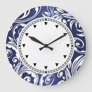Blue white elegant florals large clock