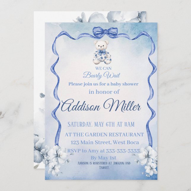 Blue&White Elegant Flowers,We Can Bearly Wait,   Invitation (Front/Back)