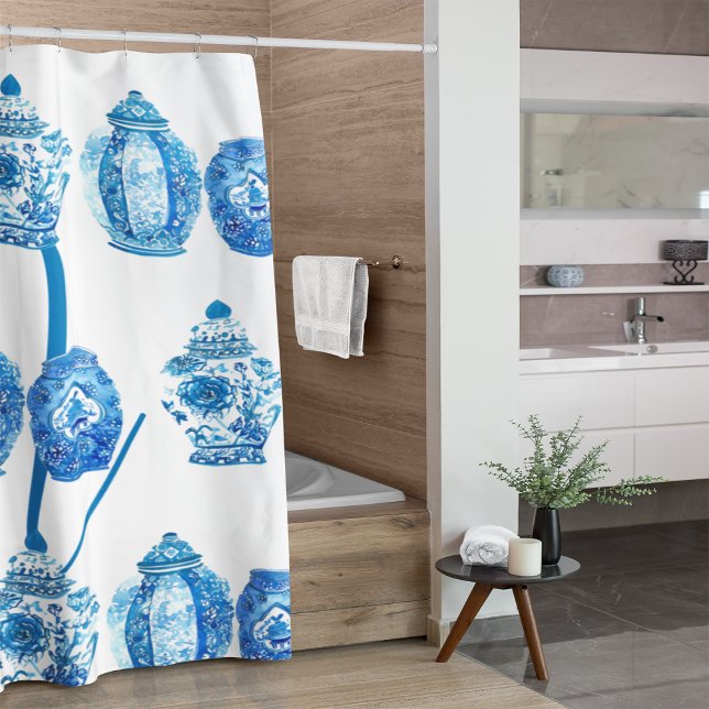 Blue White Elegant Ginger Jar Monogram Shower Curtain (Creator Uploaded)