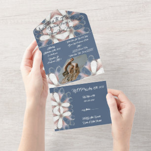 Blue White Elegant Script Photo Flowers Graduation All In One Invitation