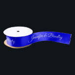 Blue White Elegant Wedding Personalised Name Satin Ribbon<br><div class="desc">Blue White Elegant Wedding Personalised Name Custom Satin Ribbon features your personalised names in elegant white calligraphy script on a blue background. Personalised by editing the text in the text boxes. Designed by ©Evco Studio www.zazzle.com/store/evcostudio</div>