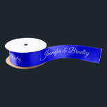 Blue White Elegant Wedding Personalised Name Satin Ribbon<br><div class="desc">Blue White Elegant Wedding Personalised Name Custom Satin Ribbon features your personalised names in elegant white calligraphy script on a blue background. Personalised by editing the text in the text boxes. Designed by ©Evco Studio www.zazzle.com/store/evcostudio</div>