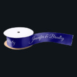 Blue White Elegant Wedding Personalised Name Satin Ribbon<br><div class="desc">Blue White Elegant Wedding Personalised Name Custom Satin Ribbon features your personalised names in elegant white calligraphy script on a blue background. Personalised by editing the text in the text boxes. Designed by ©Evco Studio www.zazzle.com/store/evcostudio</div>