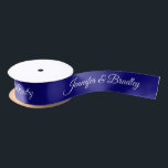 Blue White Elegant Wedding Personalised Name Satin Ribbon<br><div class="desc">Blue White Elegant Wedding Personalised Name Custom Satin Ribbon features your personalised names in elegant white calligraphy script on a blue background. Personalised by editing the text in the text boxes. Designed by ©Evco Studio www.zazzle.com/store/evcostudio</div>