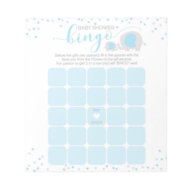 Blue White Elephant Boy Baby Shower Bingo Notepad (Front)
