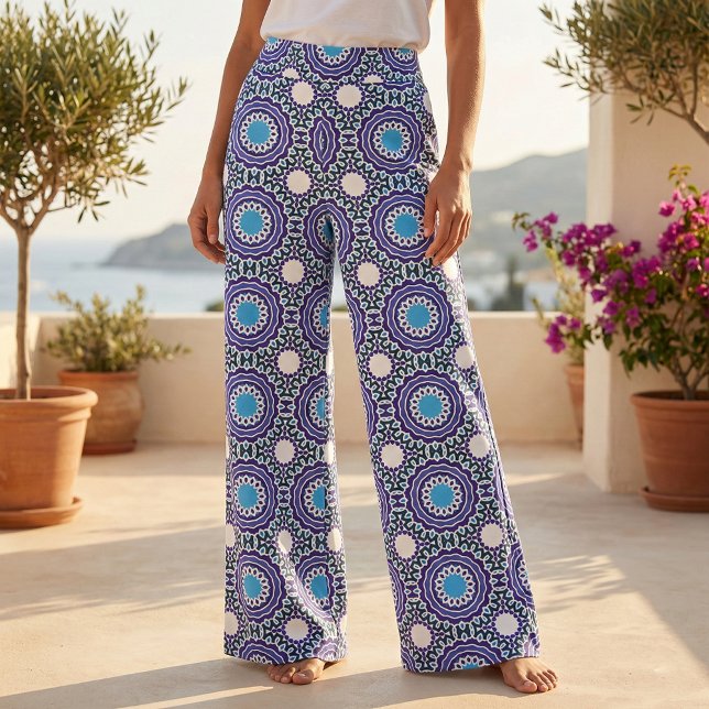 Blue White Ethnic Bohemian Mosaic Mandala Pattern Fabric (Creator Uploaded)