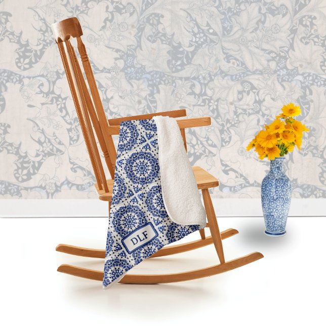 Blue & White European Painted Pottery Tiles custom Sherpa Blanket (Creator Uploaded)