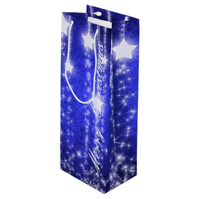 Blue & White Falling Stars Holiday Wine Gift Bag (Front Angled)
