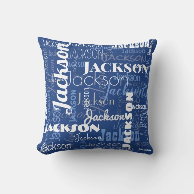Blue White Family Name Pattern Modern Typography Cushion (Front)
