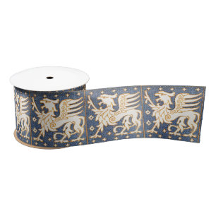 BLUE WHITE FANTASY GRYPHONS SATIN RIBBON