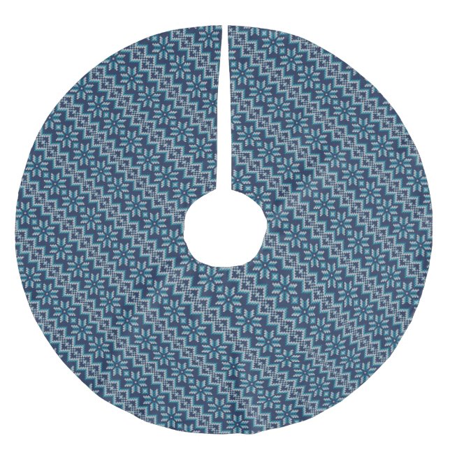 Blue & White Faux Knit Sweater Snowflakes Pattern  Brushed Polyester Tree Skirt (Front)