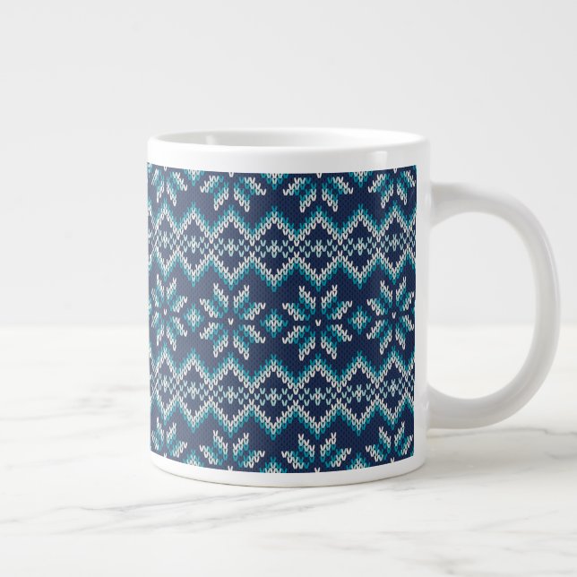 Blue & White Faux Knit Sweater Snowflakes Pattern  Large Coffee Mug (Right)