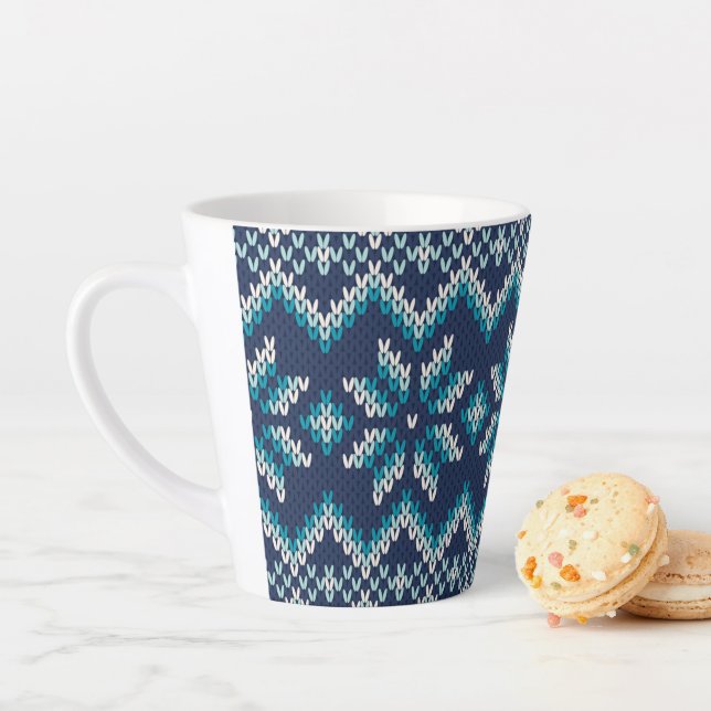 Blue & White Faux Knit Sweater Snowflakes Pattern Latte Mug (In Situ)
