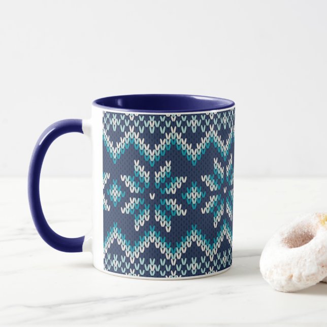 Blue & White Faux Knit Sweater Snowflakes Pattern Mug (With Donut)