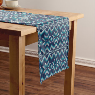 Blue & White Faux Knit Sweater Snowflakes Pattern Short Table Runner