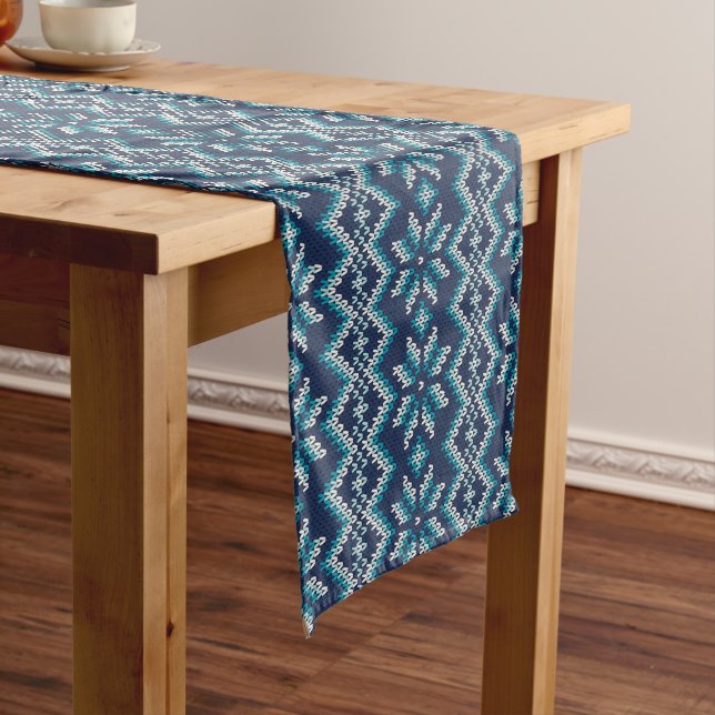 Blue & White Faux Knit Sweater Snowflakes Pattern Short Table Runner (In Situ)