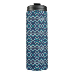 Blue & White Faux Knit Sweater Snowflakes Pattern Thermal Tumbler