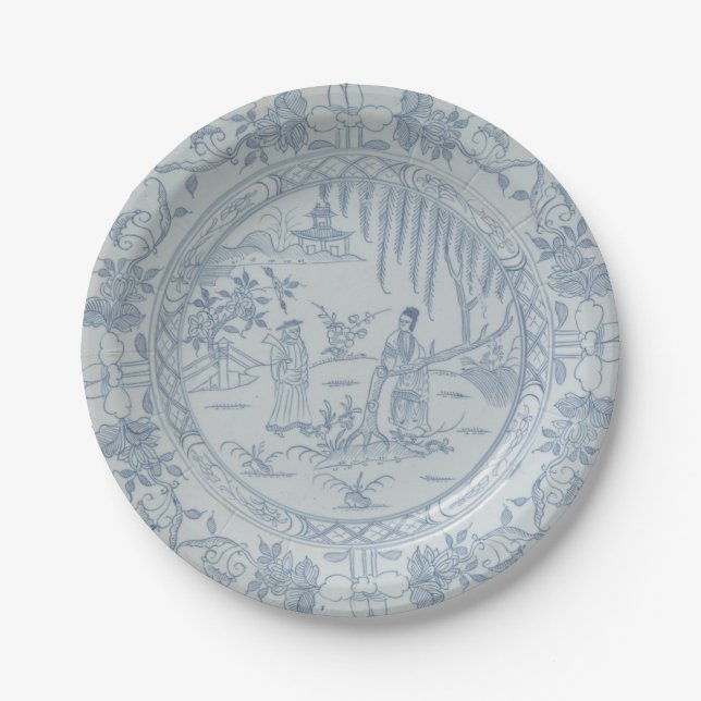 Blue white faux porcelain chinoiserie willow flow paper plate (Front)