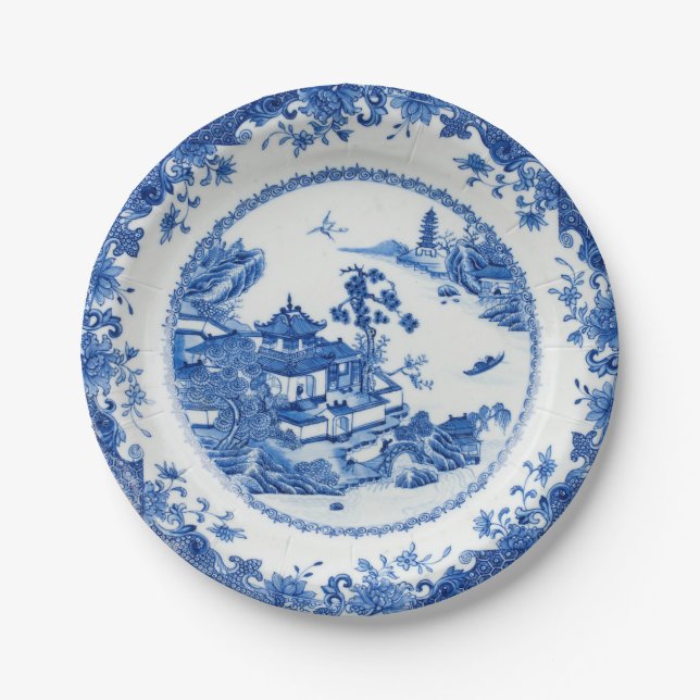 Blue white faux porcelain flow chinoiserie willow paper plate (Front)