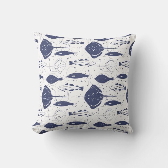 Blue White Fishes Pattern on Wavy Fishing Net Cushion (Front)