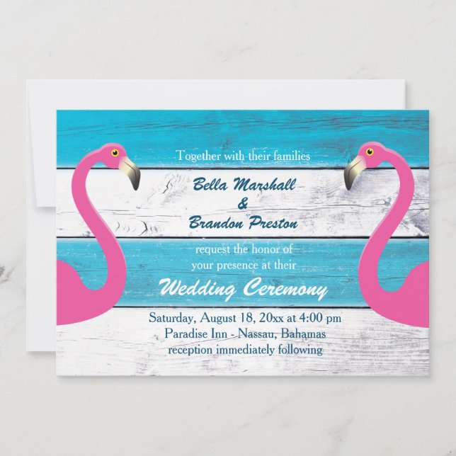 Blue & White Flamingo Wedding Invitation (Front)
