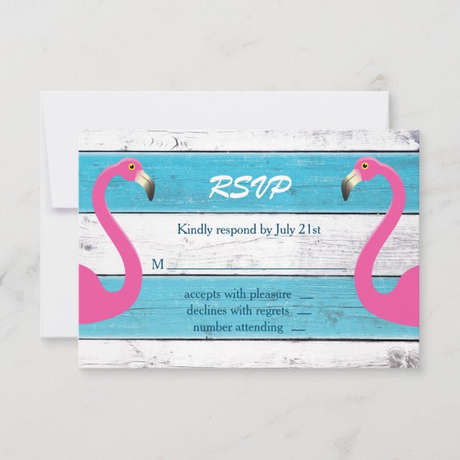 Blue & White Flamingo Wedding RSVP Card (Front)