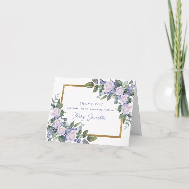 Blue White Floral 100th Birthday Photo Folded Thank You Card (Front)
