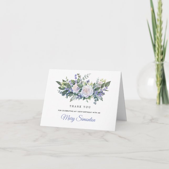 Blue White Floral 100th Birthday Photo Thank You Card (Front)