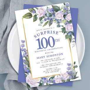 Blue White Floral 100th Birthday Surprise Party Invitation