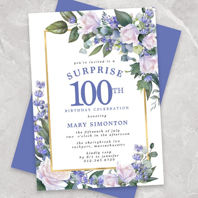 Blue White Floral 100th Birthday Surprise Party Invitation (Creator Uploaded)
