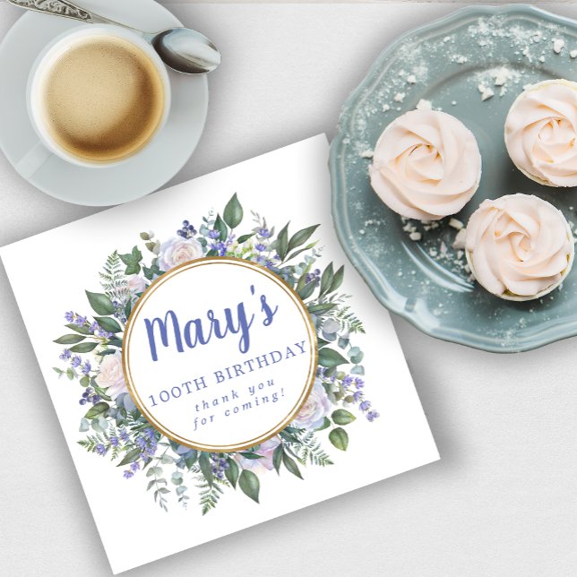Blue White Floral 100th Birthday Thank You Napkin (Creator Uploaded)
