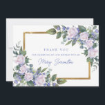 Blue White Floral 18th Birthday Photo Flat Thank You Card<br><div class="desc">Beautiful way to express your gratitude to family and friends. A lush botanical sprig of white roses and blue flowers create beautiful floral accents on two corners of the gold frame. Three lines of text let you personalise the front. Inside you can place your photo at the top and a...</div>