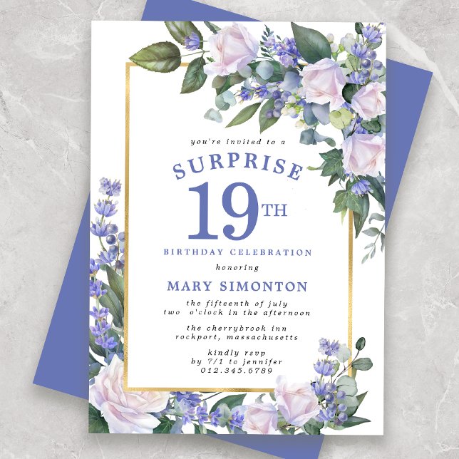 Blue White Floral 19th Birthday Surprise Party Invitation (Creator Uploaded)
