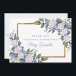 Blue White Floral 21st Birthday Photo Flat Thank You Card<br><div class="desc">Beautiful way to express your gratitude to family and friends. A lush botanical sprig of white roses and blue flowers create beautiful floral accents on two corners of the gold frame. Three lines of text let you personalise the front. Inside you can place your photo at the top and a...</div>