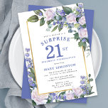 Blue White Floral 21st Birthday Surprise Party Invitation<br><div class="desc">Honour a special woman with this elegant and feminine 21st Birthday Surprise Party invitation. Surprise and the 21st are written in large blue text. Birthday Celebration follows. The honoured guest's name is also in blue capital letters. The birthday celebration details are surrounded by a chic gold frame. The floral elements...</div>